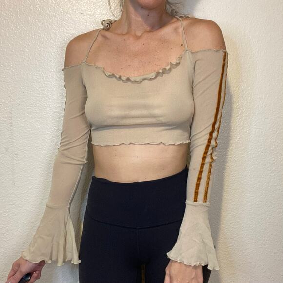 Zemeta Beige Mesh Tie Crop Top Long Sleeve Sheer Velvet Brown Stripes Size Small - Picture 1 of 10